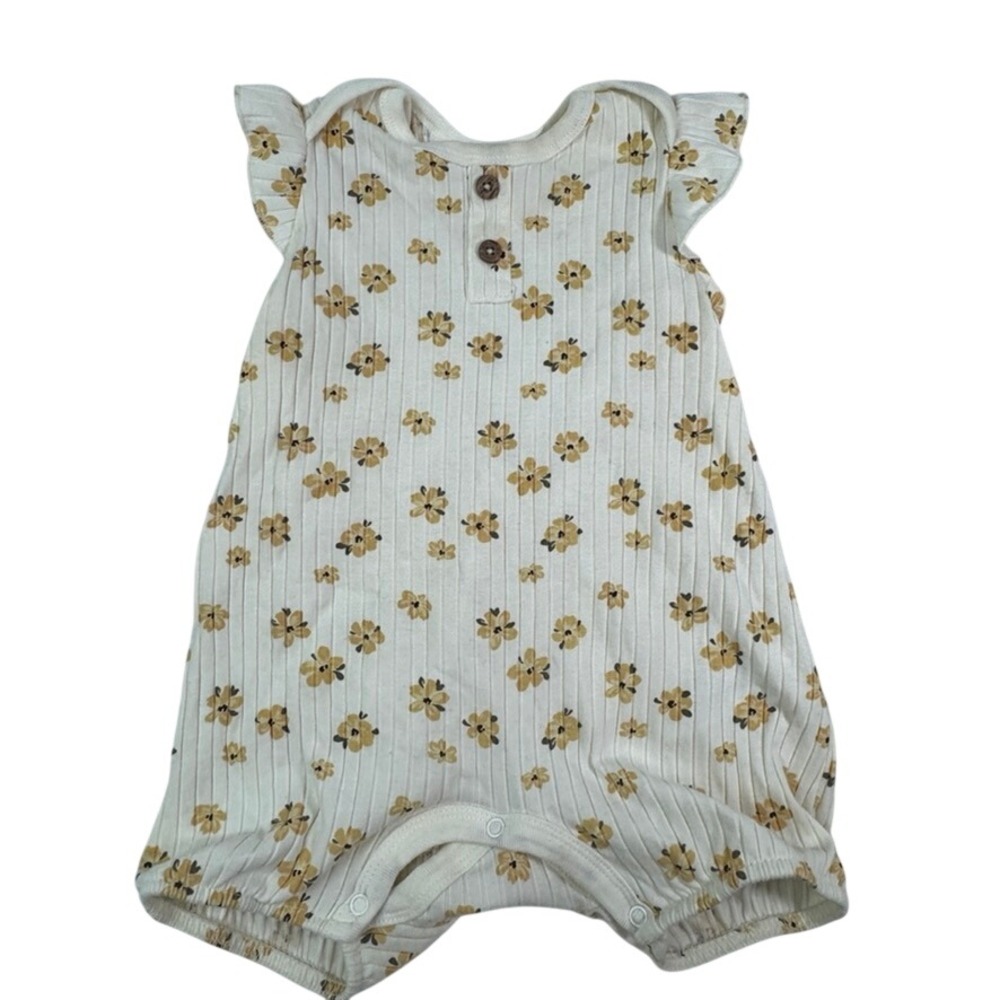 Willow + Whimsy Baby Girls Floral Ribbed Romper Yellow Cream Flutter Sleeve 12M